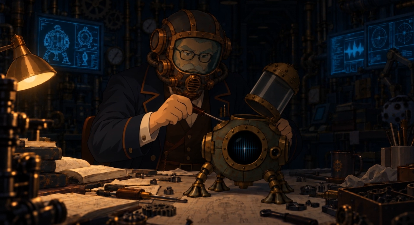 Inventor con escafandra trabajando en un robot en su taller
